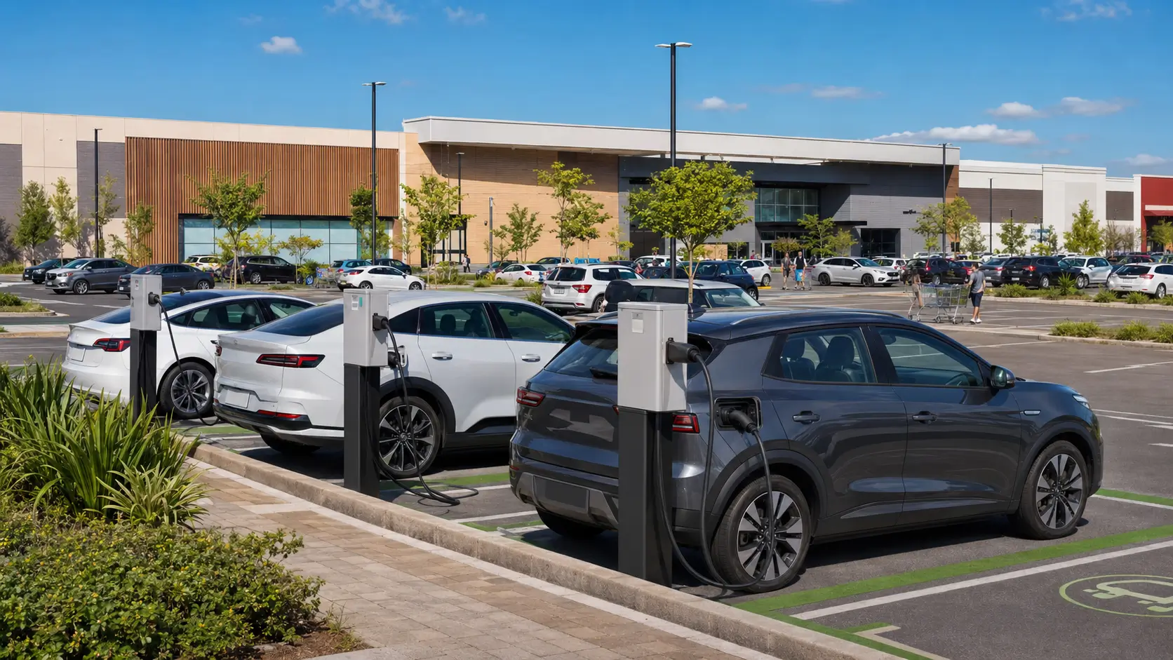 Carregadores de carros elétricos em estacionamento de shopping